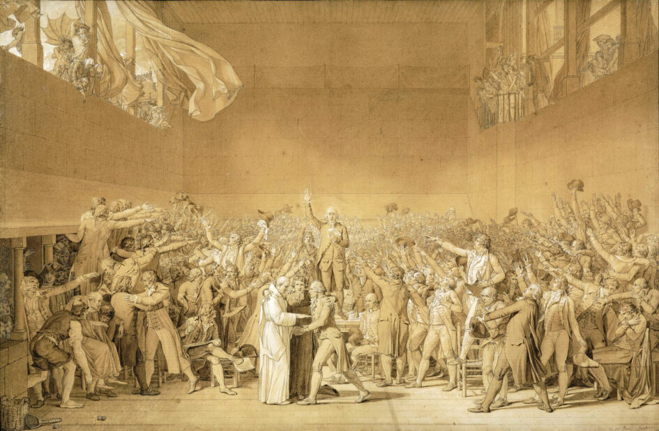 Dibujo histórico del "Juramento del Juego de Pelota", representando a los miembros del Tercer Estado comprometiéndose a no separarse hasta redactar una constitución, clave en la Revolución Francesa.