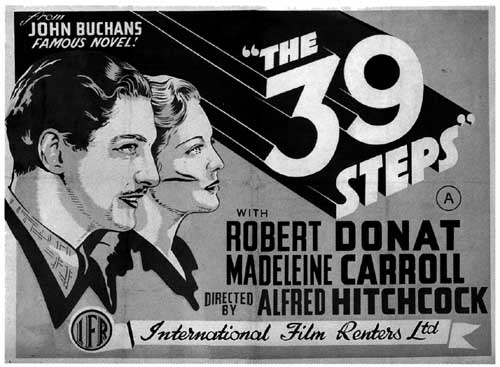 Cartel en blanco y negro de la película "Los 39 pasos" dirigida por Alfred Hitchcock. Robert Donat y Madeleine Carroll en primer plano.