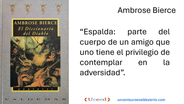 Portada del libro El Diccionario del Diablo de Ambrose Bierce, junto a una cita irónica