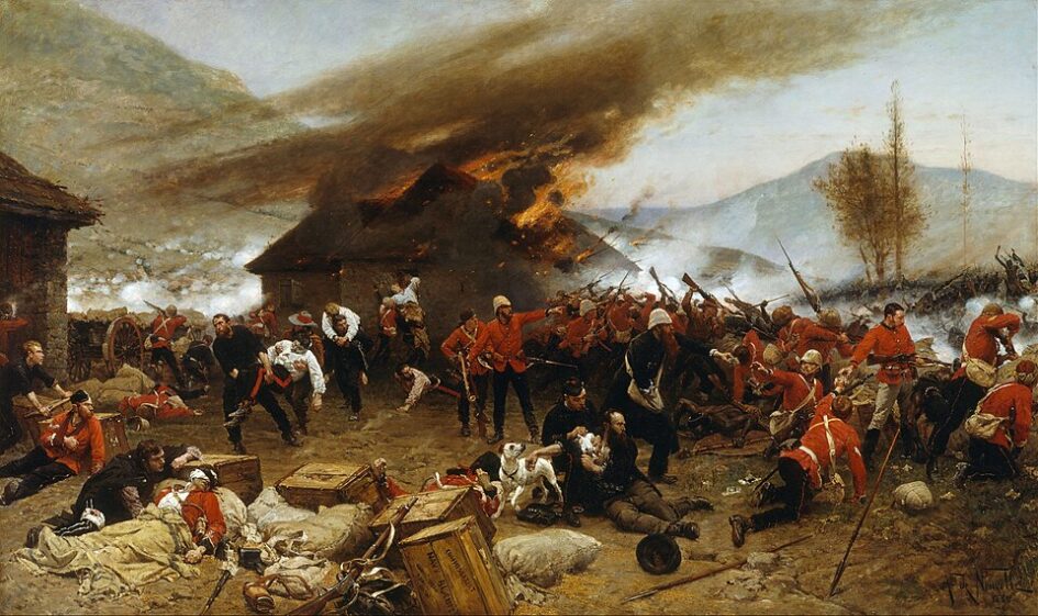 Pintura de Alphonse de Neuville que representa la batalla de Rorke's Drift, donde soldados británicos en uniformes rojos defienden una posición contra los guerreros zulúes.