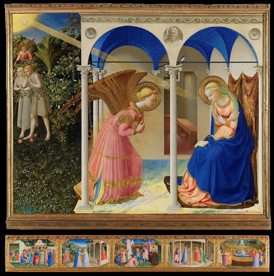 Pintura religiosa renacentista que representa al Arcángel Gabriel anunciando a la Virgen María que dará a luz al Hijo de Dios. A la izquierda, se representa la expulsión del Paraíso con Adán y Eva, y en la predela inferior se narran escenas de la vida de la Virgen.