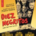 Cartel de la película "Diez negritos", basada en la obra de Agatha Christie, con retratos en blanco y negro de los personajes principales sobre fondo amarillo.