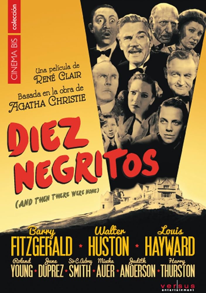 Cartel de la película "Diez negritos", basada en la obra de Agatha Christie, con retratos en blanco y negro de los personajes principales sobre fondo amarillo.