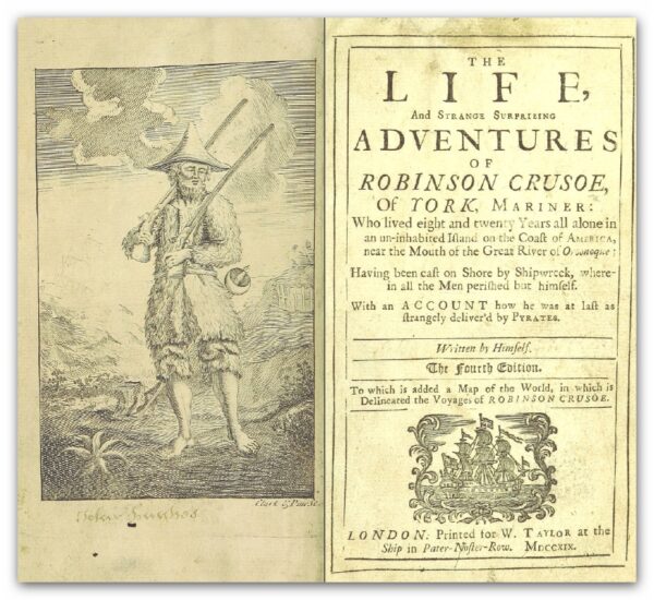 Portada e ilustración de la primera edición de Robinson Crusoe (1719) escrita por Daniel Defoe.