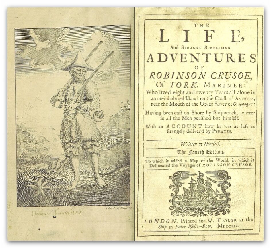 Portada e ilustración de la primera edición de Robinson Crusoe (1719) escrita por Daniel Defoe.