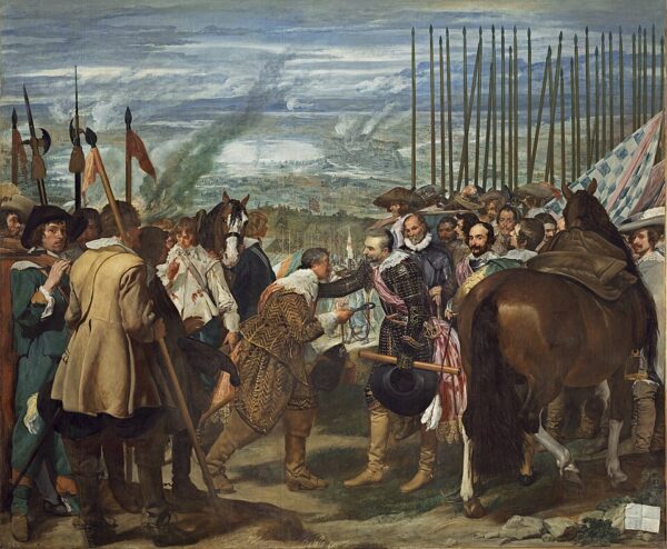 Pintura de Diego Velázquez que muestra la rendición de Breda en 1625, con el general español Ambrosio de Spínola recibiendo las llaves de la ciudad de manos de Justino de Nassau.