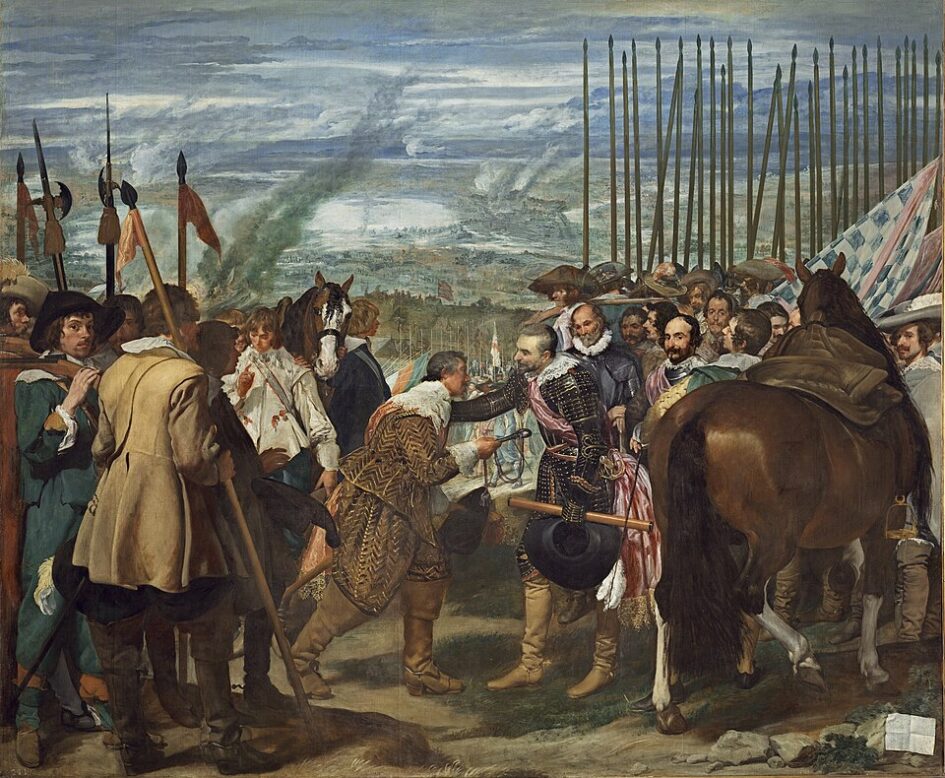 Pintura de Diego Velázquez que muestra la rendición de Breda en 1625, con el general español Ambrosio de Spínola recibiendo las llaves de la ciudad de manos de Justino de Nassau.
