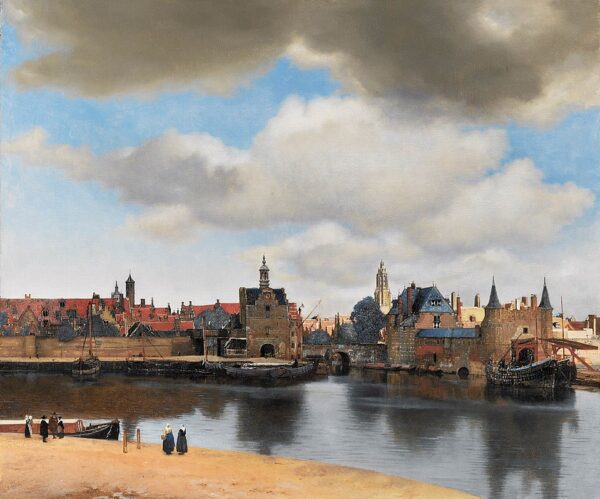 Pintura Vista de Delft de Johannes Vermeer, paisaje urbano de Delft con luz y reflejos en el canal, siglo XVII, Mauritshuis
