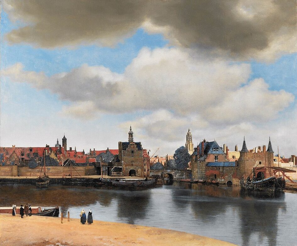 Pintura Vista de Delft de Johannes Vermeer, paisaje urbano de Delft con luz y reflejos en el canal, siglo XVII, Mauritshuis