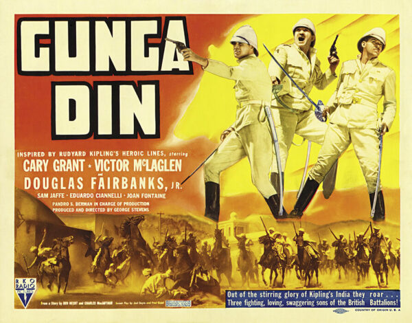 Cartel original de la película Gunga Din (1939), dirigida por George Stevens y protagonizada por Cary Grant, Victor McLaglen y Douglas Fairbanks Jr.