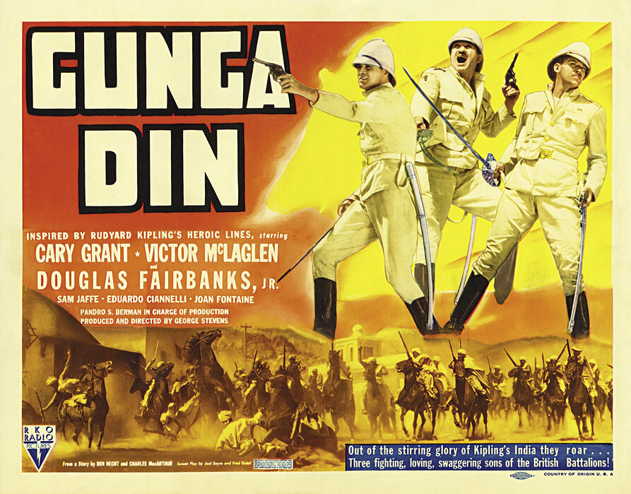 Cartel original de la película Gunga Din (1939), dirigida por George Stevens y protagonizada por Cary Grant, Victor McLaglen y Douglas Fairbanks Jr.